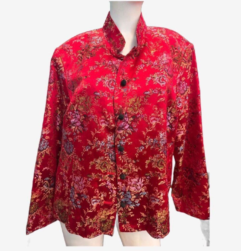 Dress Barn Red Chinese Brocade Floral Jacket Women’s Size 18W Silk Blend Plus Si